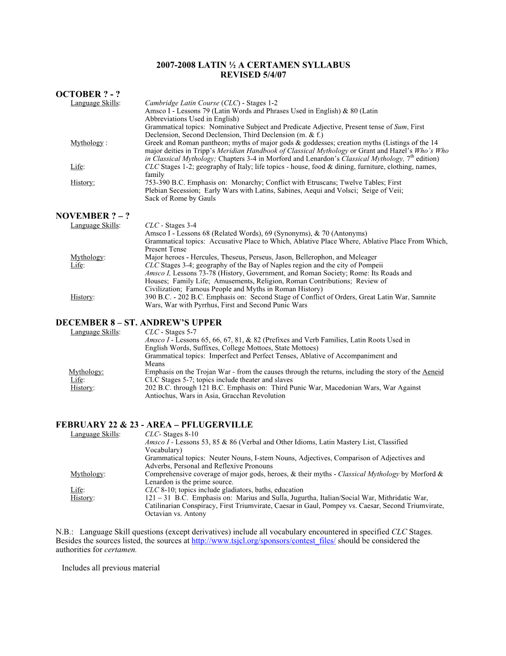 2007-2008 Latin ½ a Certamen Syllabus Revised 5/4/07