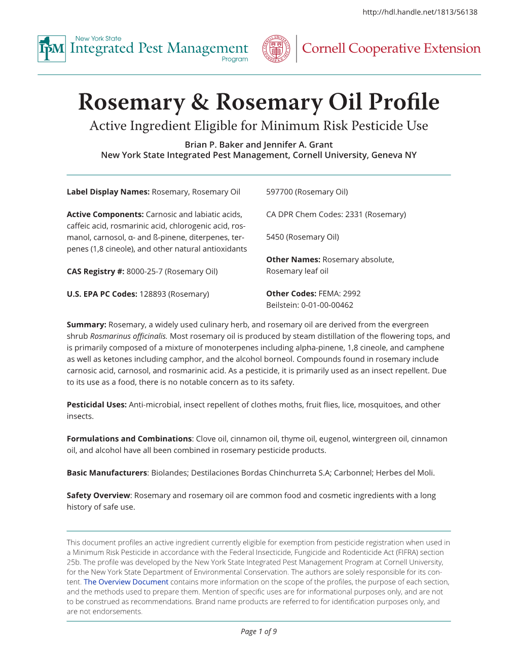 Rosemary & Rosemary Oil Profile Integrated Pest Management Cornell Cooperative Extension Program