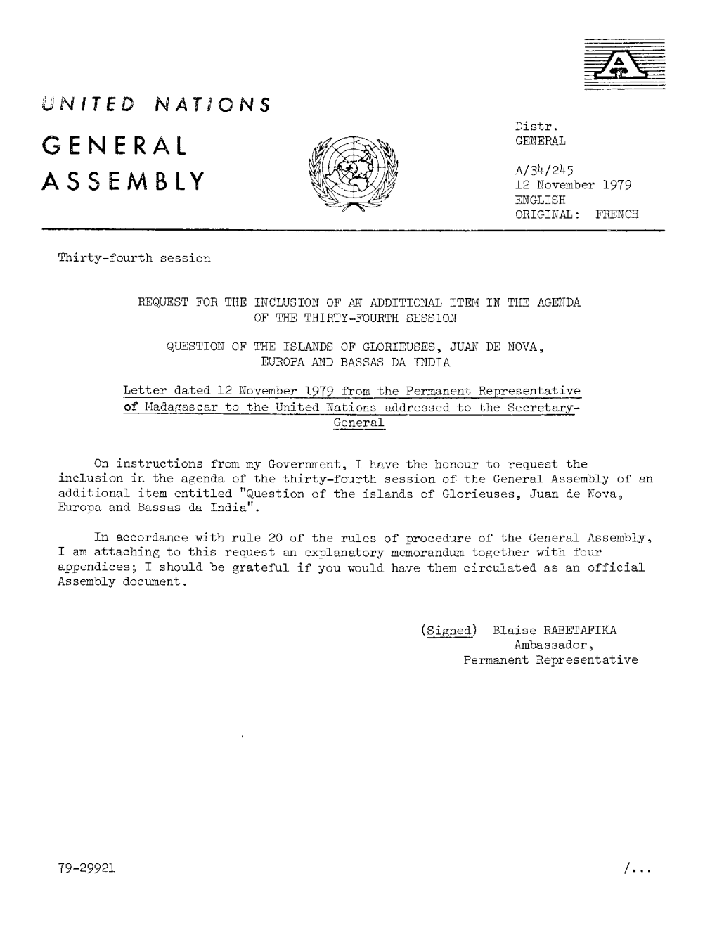 General Assembly of an Additional Item Entitled "Question of the Islands of Glorieuses, Juan De Nova, Li Europa and Bassas Da India •