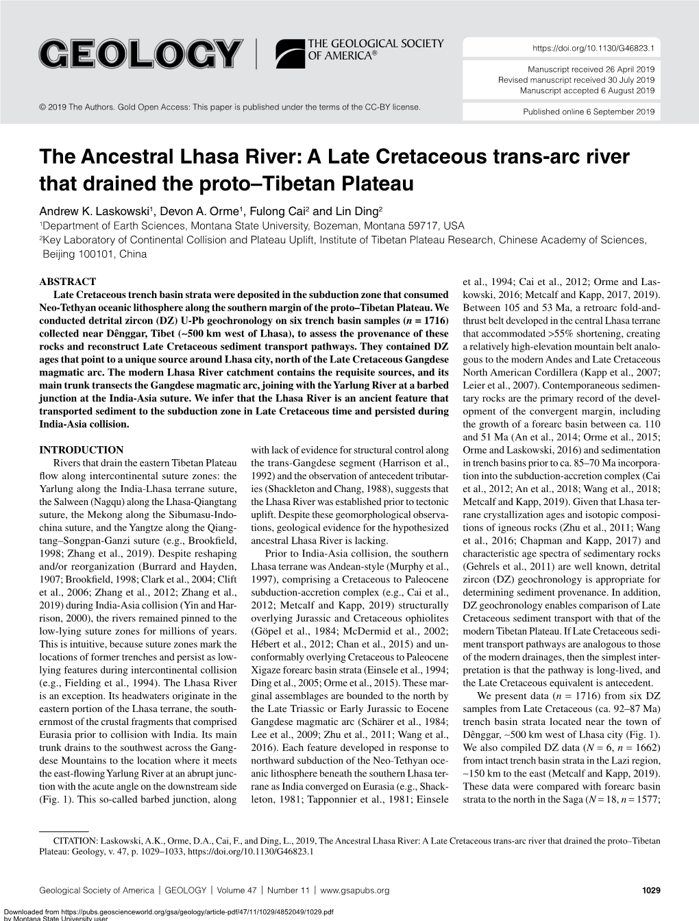 The Ancestral Lhasa River: a Late Cretaceous Trans-Arc River That Drained the Proto–Tibetan Plateau Andrew K