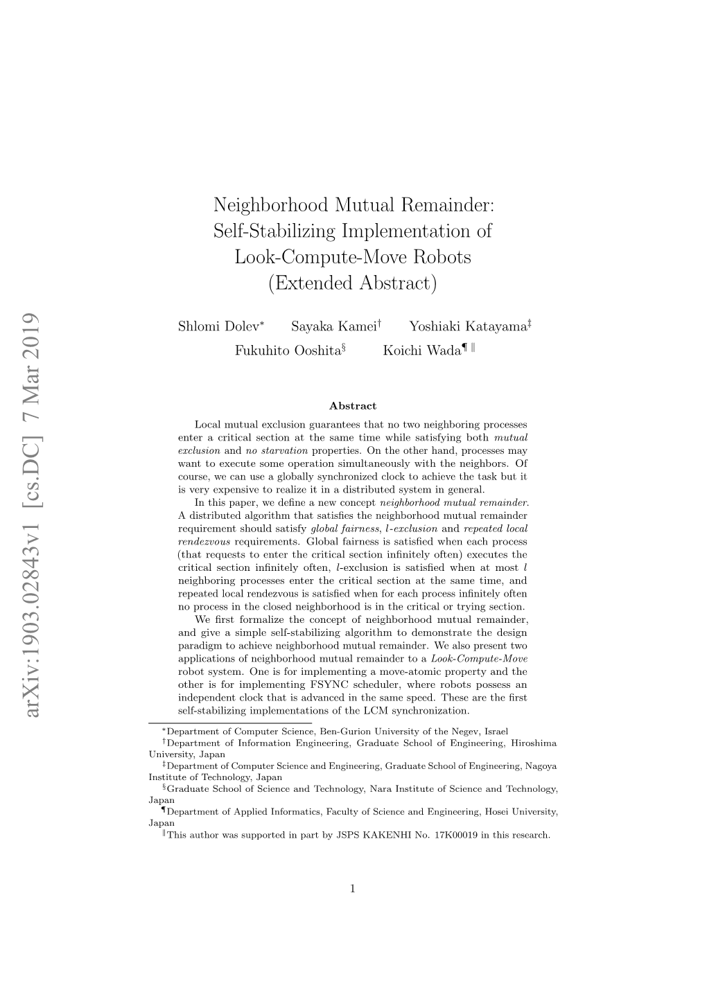 Neighborhood Mutual Remainder: Self-Stabilizing Implementation of Look-Compute-Move Robots (Extended Abstract)