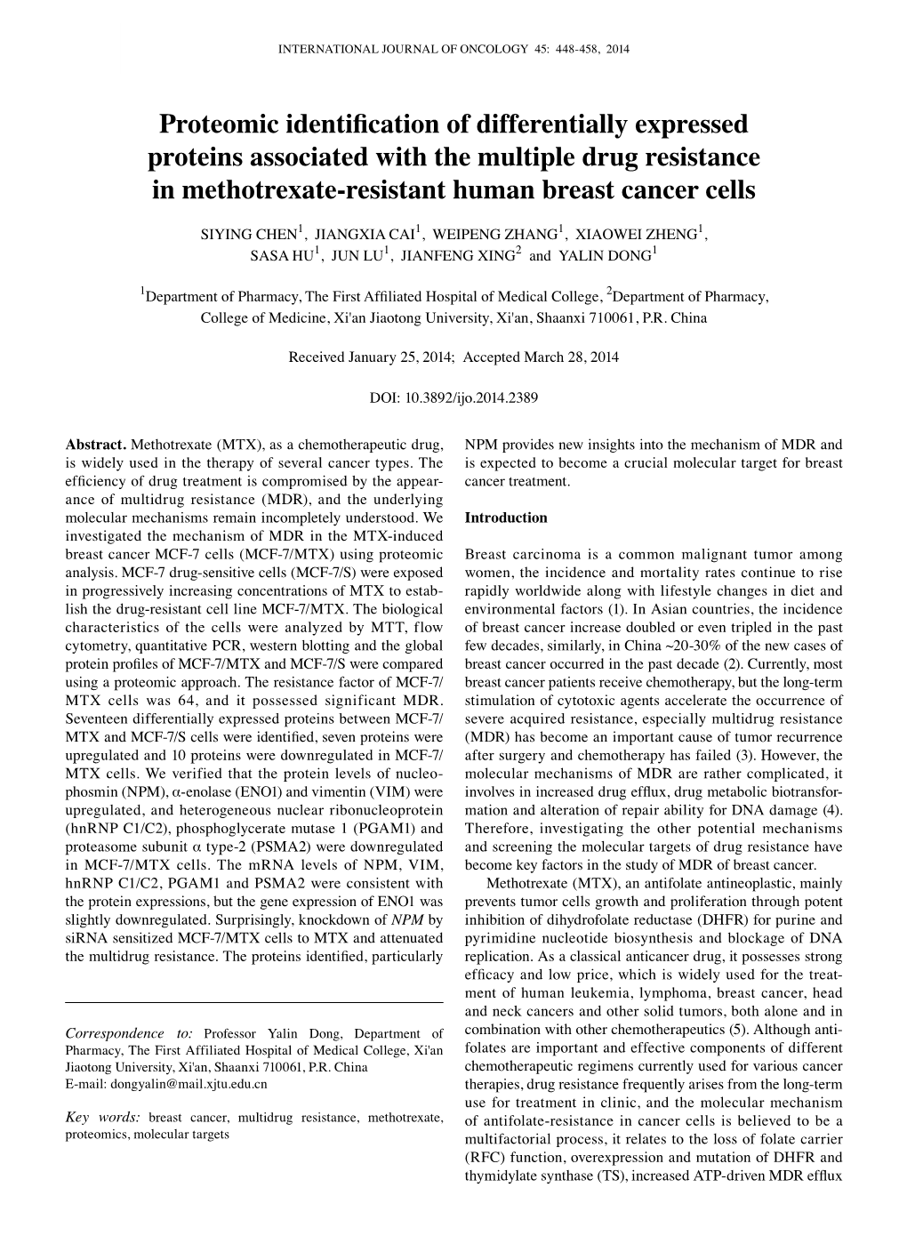 Proteomic Identification of Differentially Expressed Proteins Associated with the Multiple Drug Resistance in Methotrexate-Resistant Human Breast Cancer Cells