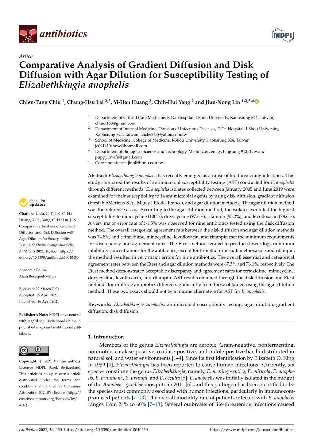 Comparative Analysis of Gradient Diffusion and Disk Diffusion with Agar Dilution for Susceptibility Testing of Elizabethkingia Anophelis