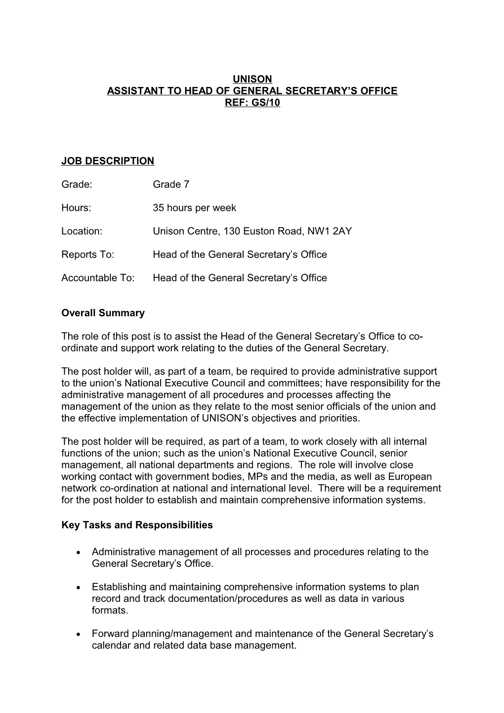 Job Description and Person Specification - Assistant to Head of General Secretary's Office