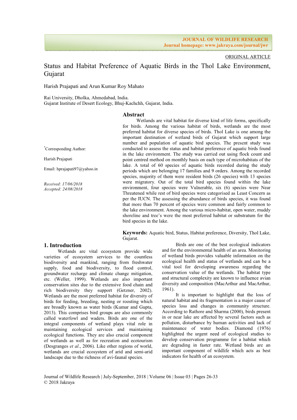 Status and Habitat Preference of Aquatic Birds in the Thol Lake Environment, Gujarat