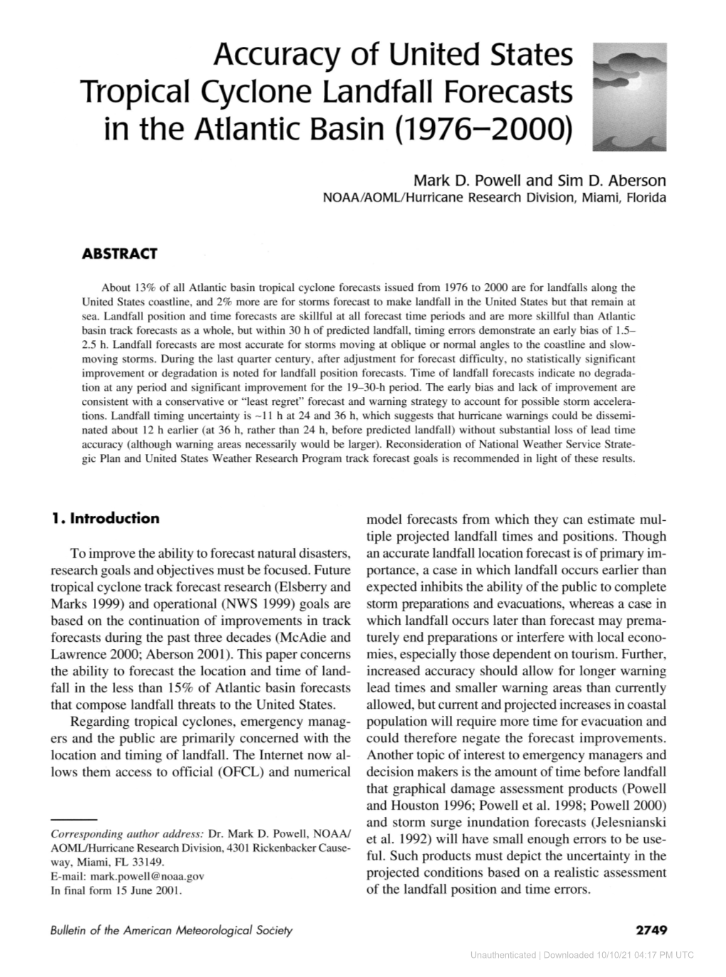 Accuracy of United States Tropical Cyclone Landfall Forecasts in the Atlantic Basin (1976-2000)