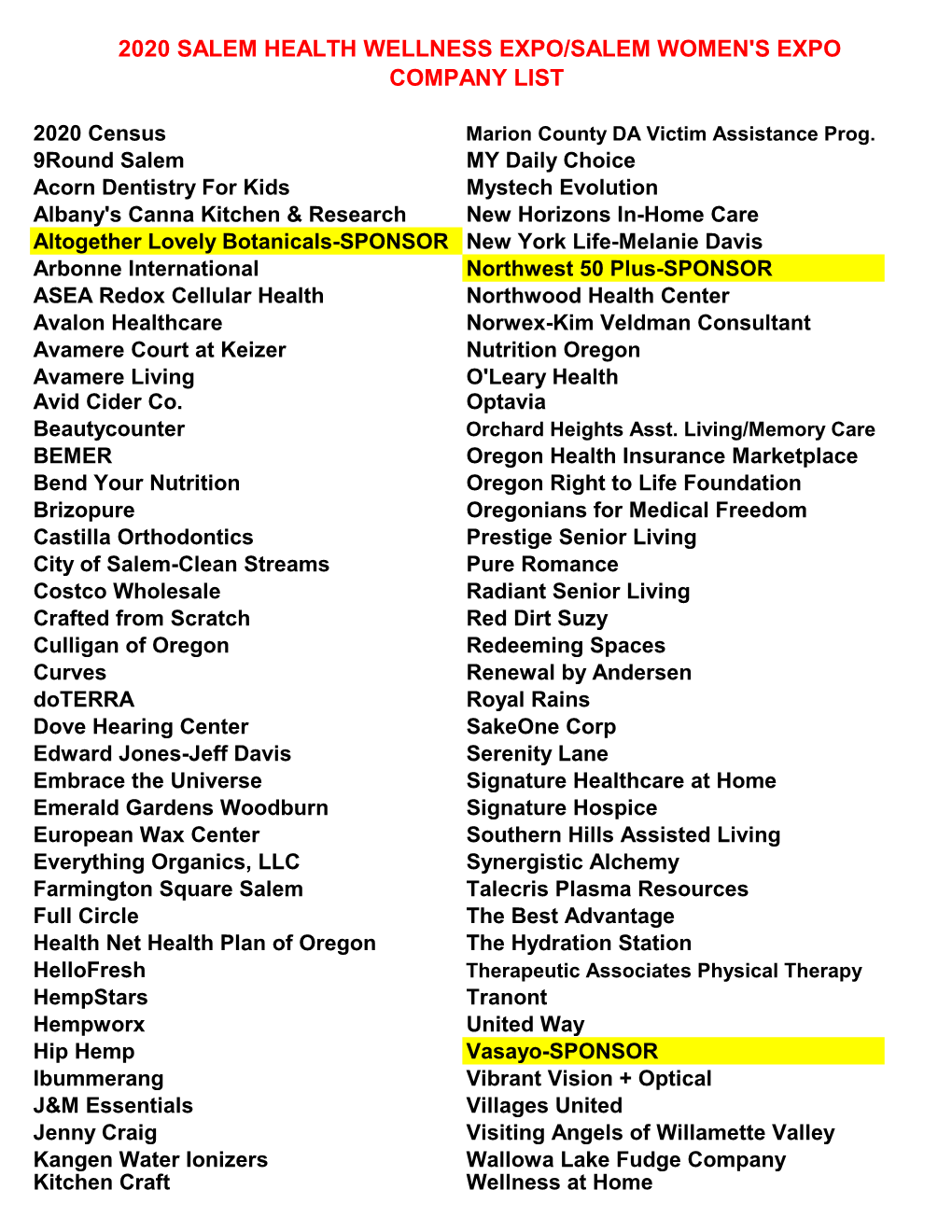 2020 Salem Health Wellness Expo/Salem Women's Expo Company List