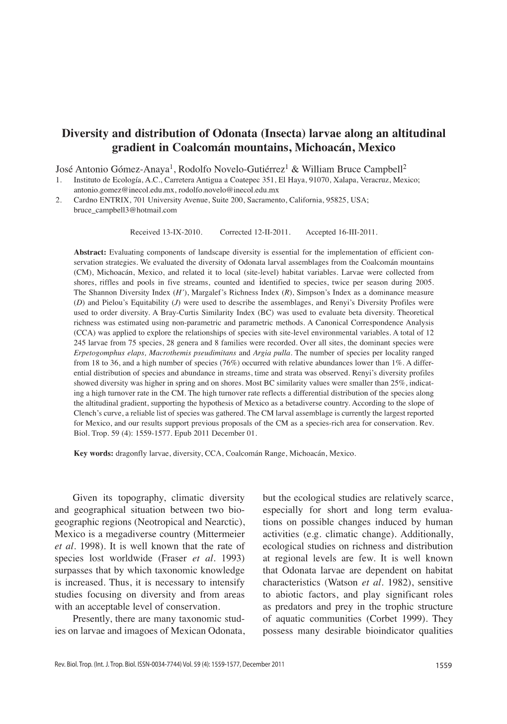 Diversity and Distribution of Odonata (Insecta) Larvae Along an Altitudinal Gradient in Coalcomán Mountains, Michoacán, Mexico