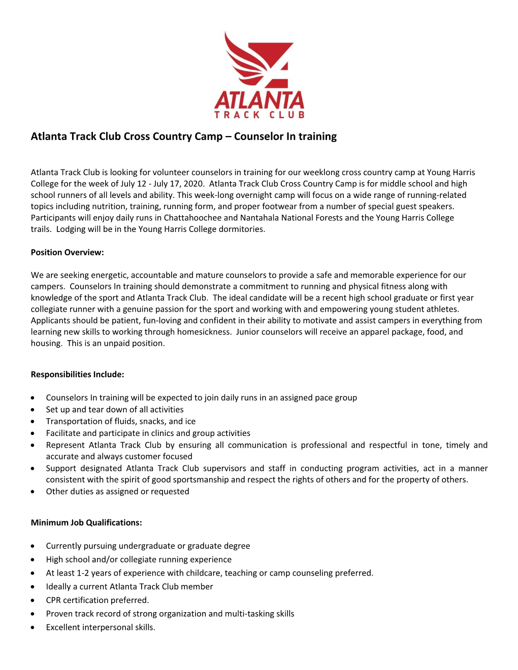 Atlanta Track Club Cross Country Camp – Counselor in Training