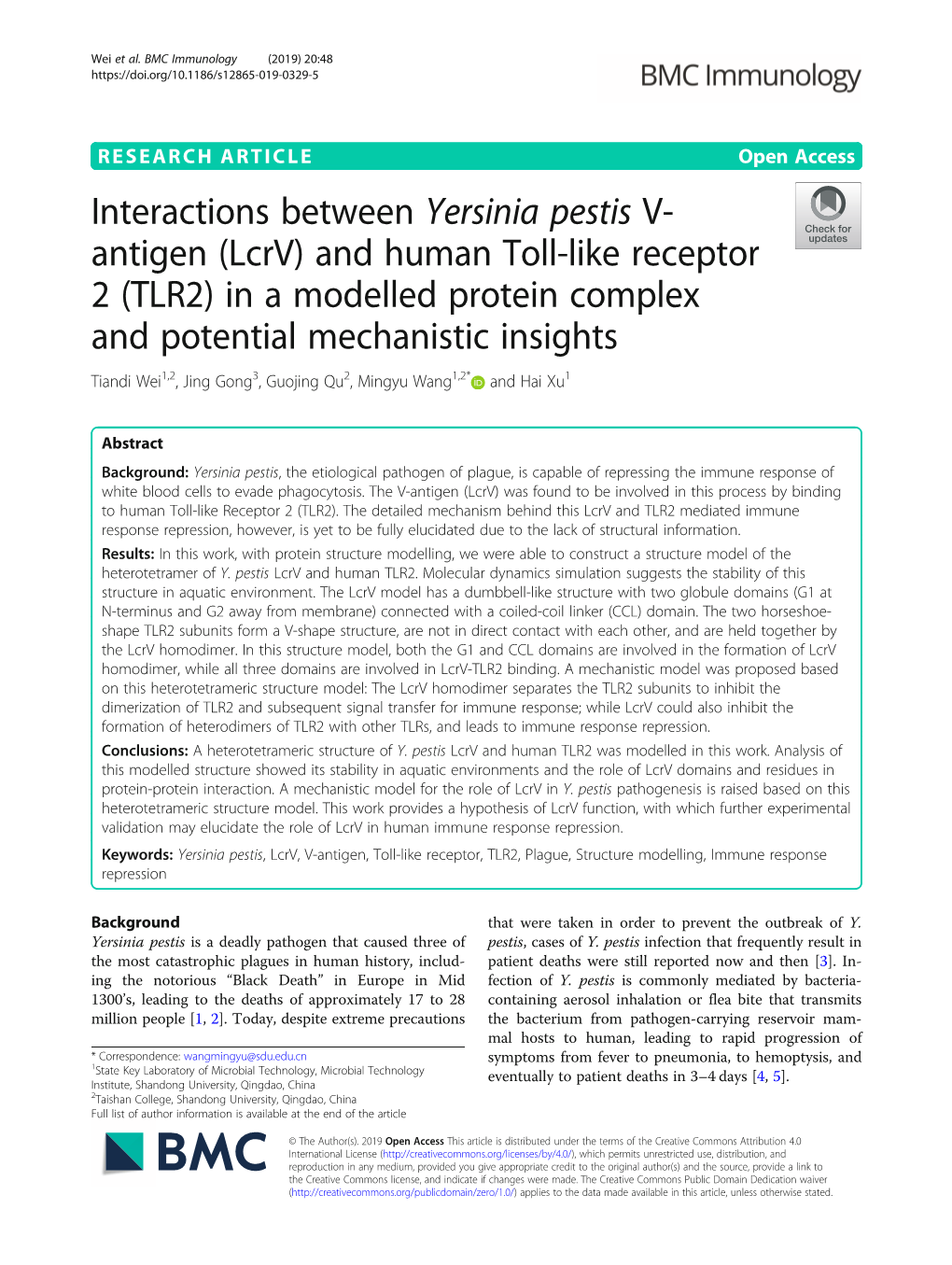 Interactions Between Yersinia Pestis V-Antigen (Lcrv) and Human Toll-Like