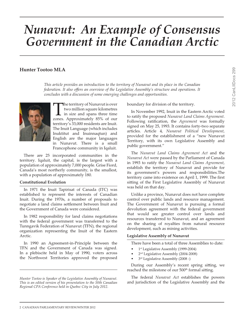 Nunavut: an Example of Consensus Government in the Canadian Arctic