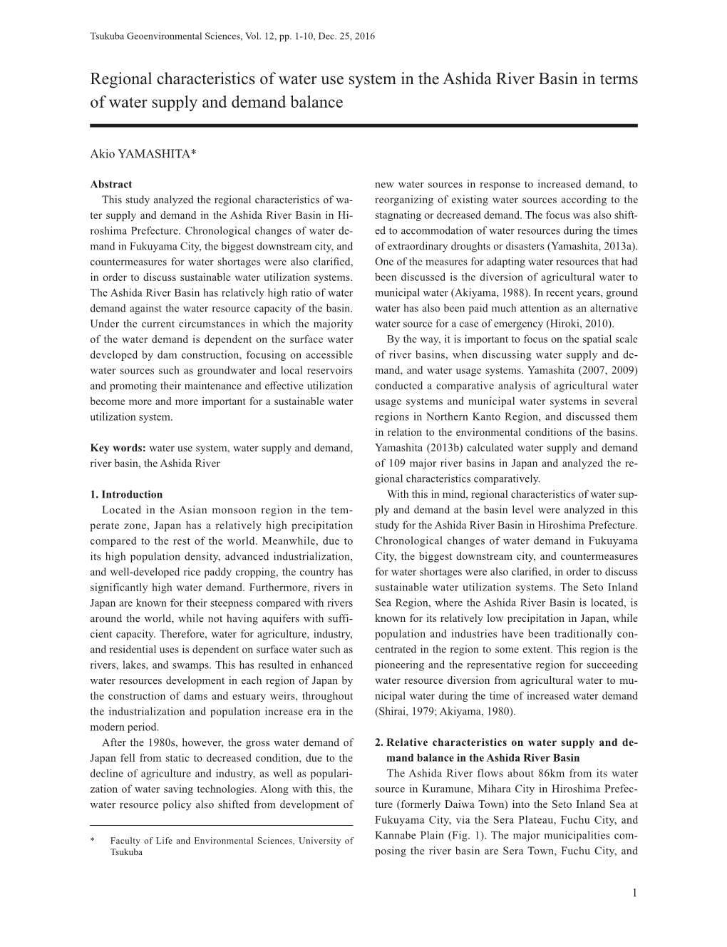 Regional Characteristics of Water Use System in the Ashida River Basin in Terms of Water Supply and Demand Balance