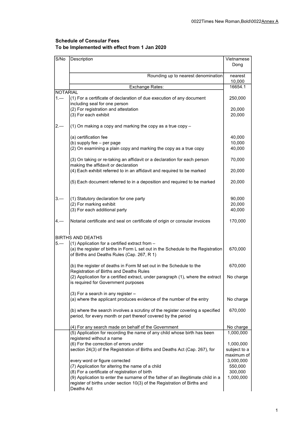 Schedule of Consular Fees to Be Implemented with Effect from 1 Jan 2020 Ok S/No Description Vietnamese Dong