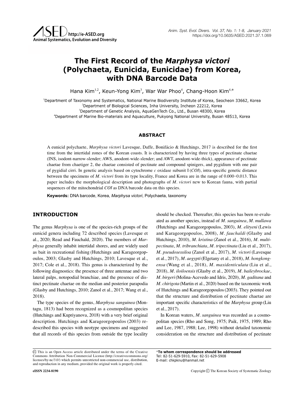 The First Record of the Marphysa Victori (Polychaeta, Eunicida, Eunicidae) from Korea, with DNA Barcode Data