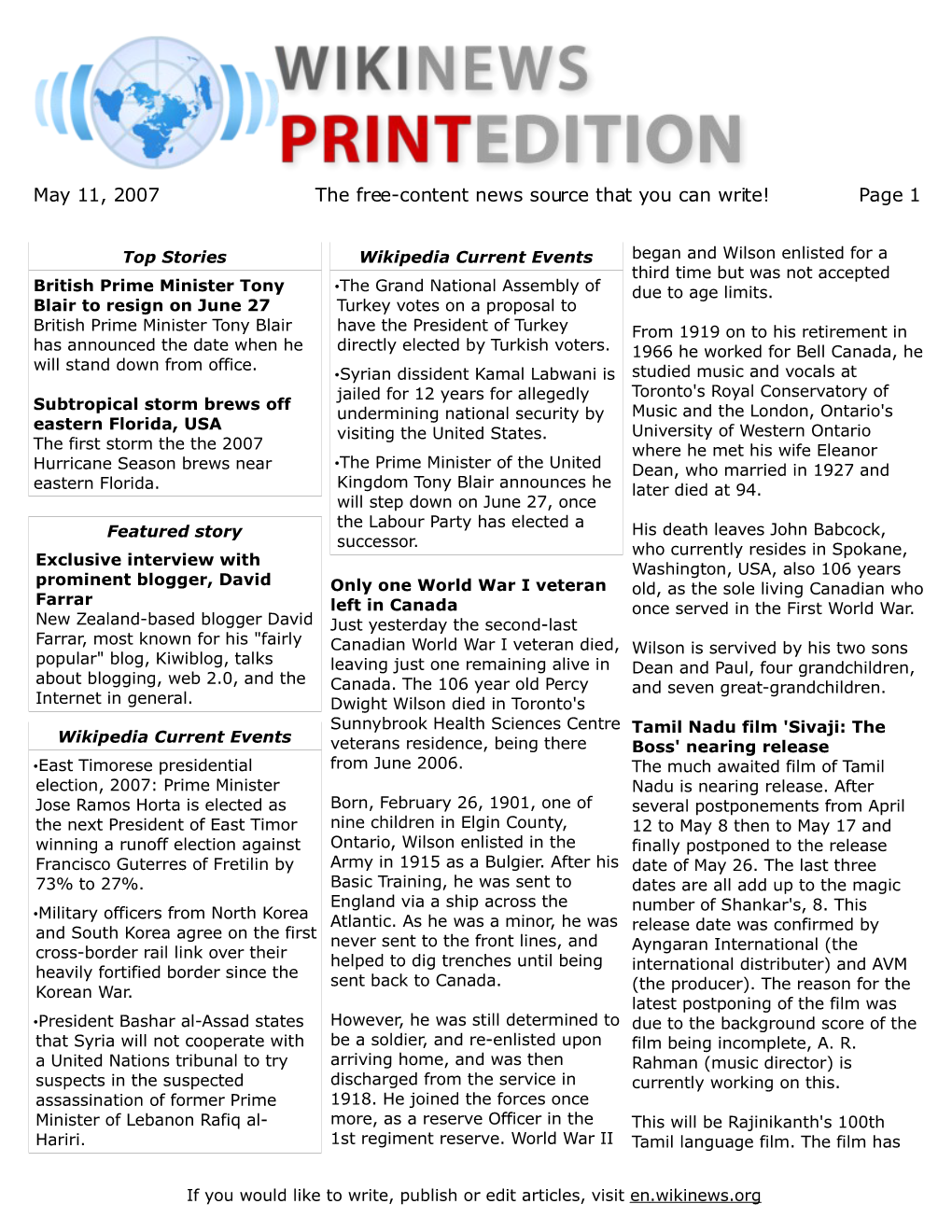 May 11, 2007 the Free-Content News Source That You Can Write! Page 1