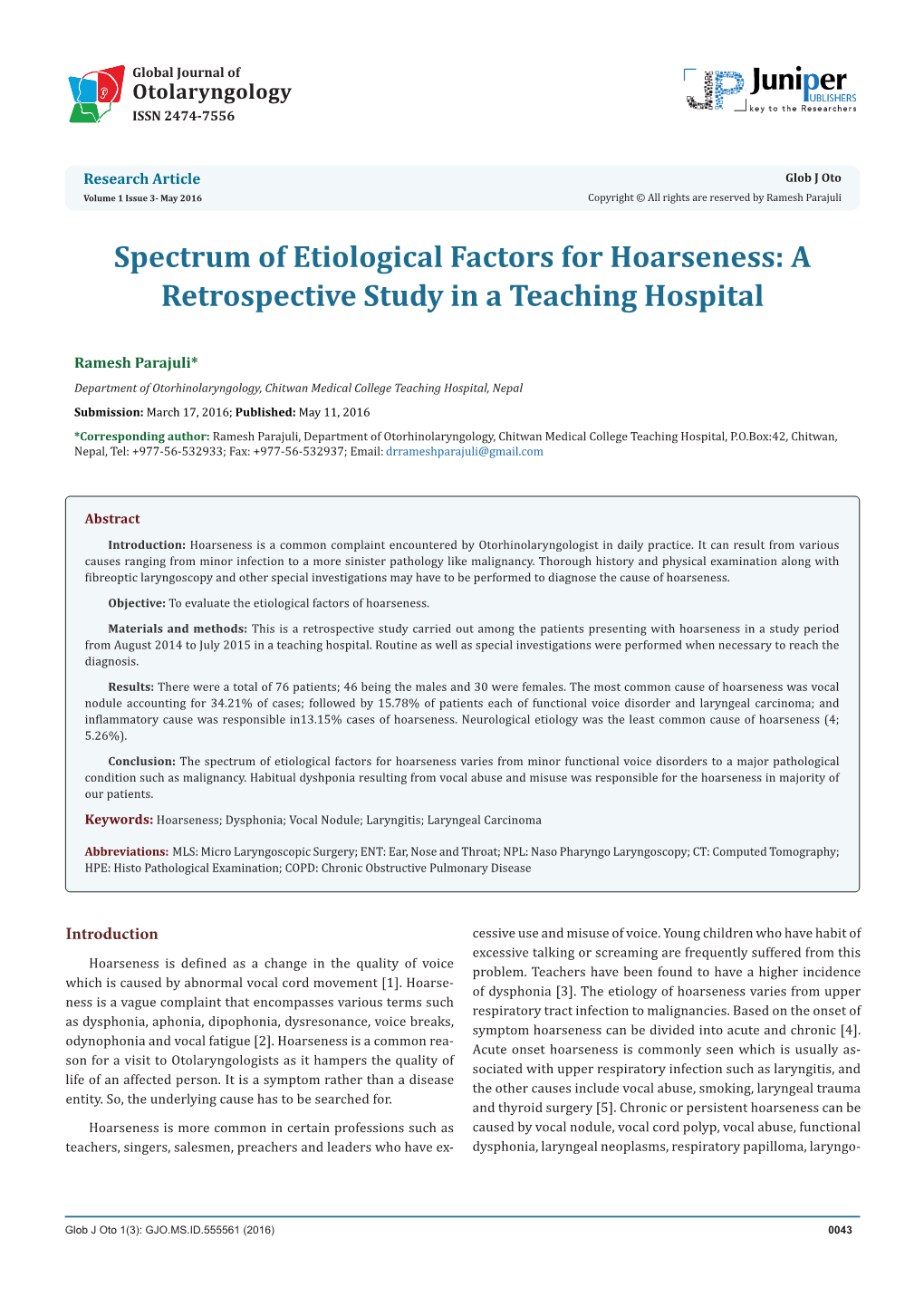 Spectrum of Etiological Factors for Hoarseness: a Retrospective Study in a Teaching Hospital