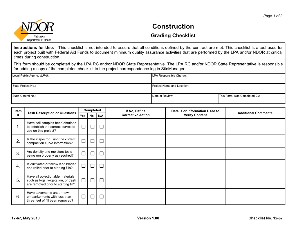 12-67, May 2010 Version 1.00 Checklist No. 12-67