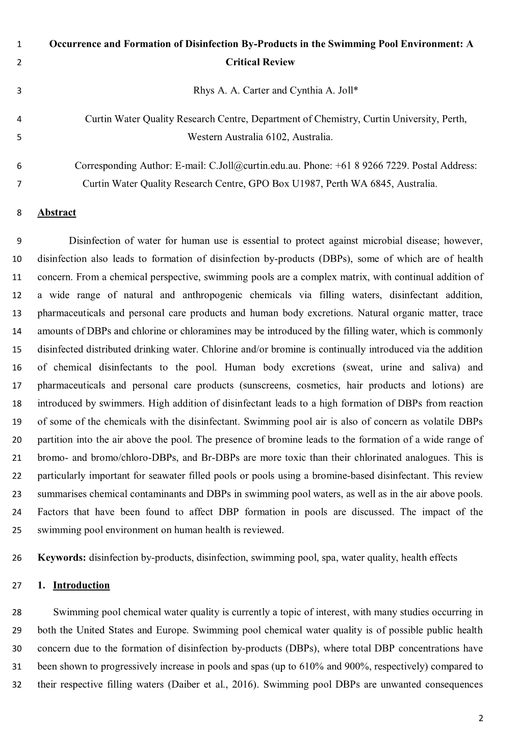 Occurrence and Formation of Disinfection By-Products in the Swimming Pool Environment: a 2 Critical Review