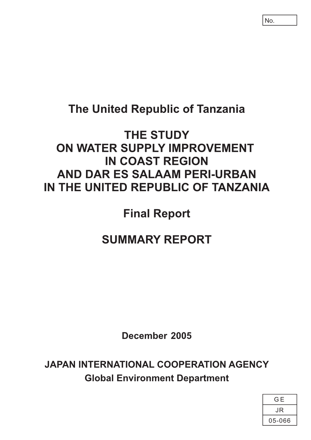 The United Republic of Tanzania the STUDY on WATER SUPPLY