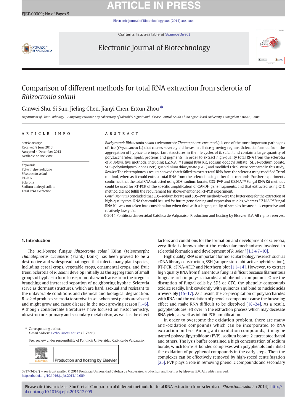 Comparison of Different Methods for Total RNA Extraction from Sclerotia of Rhizoctonia Solani