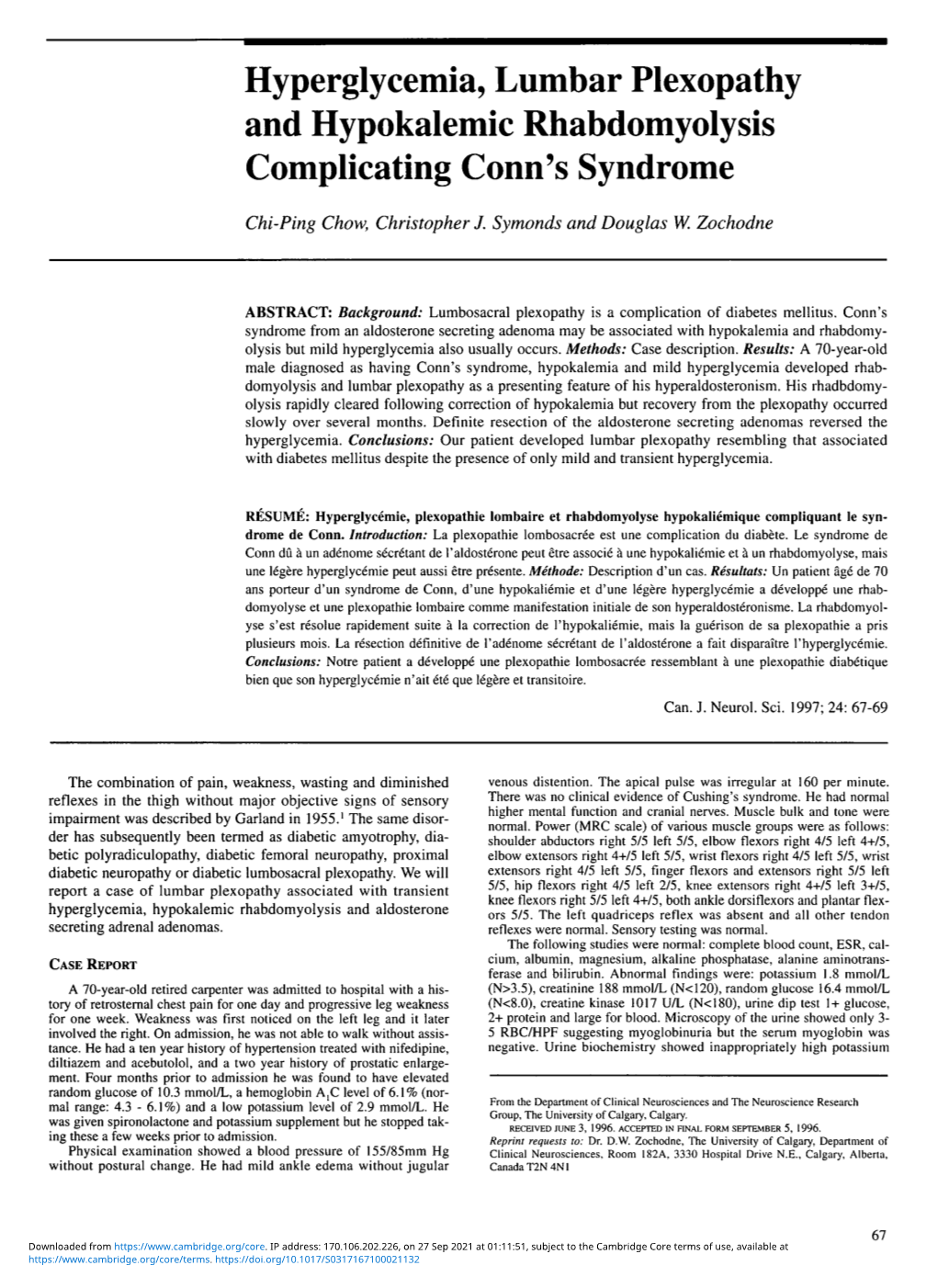 Hyperglycemia, Lumbar Plexopathy and Hypokalemic Rhabdomyolysis Complicating Conn's Syndrome