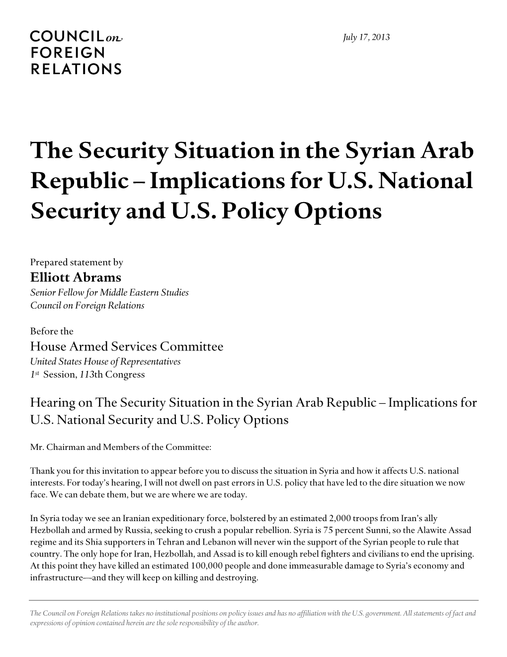 The Security Situation in the Syrian Arab Republic – Implications for U.S
