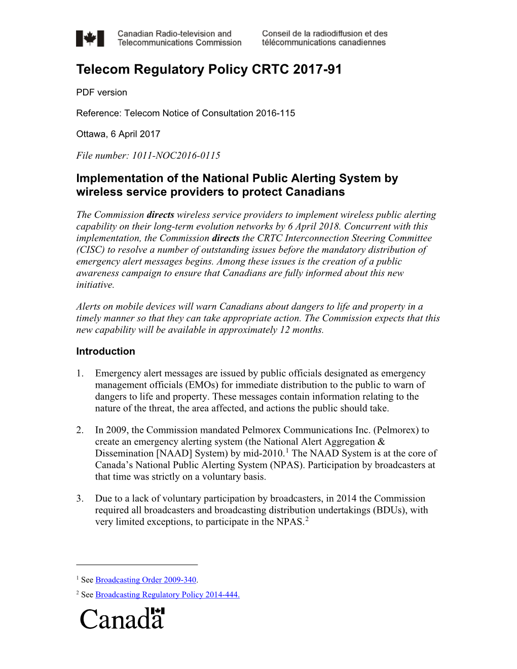 Implementation of the National Public Alerting System by Wireless Service Providers to Protect Canadians