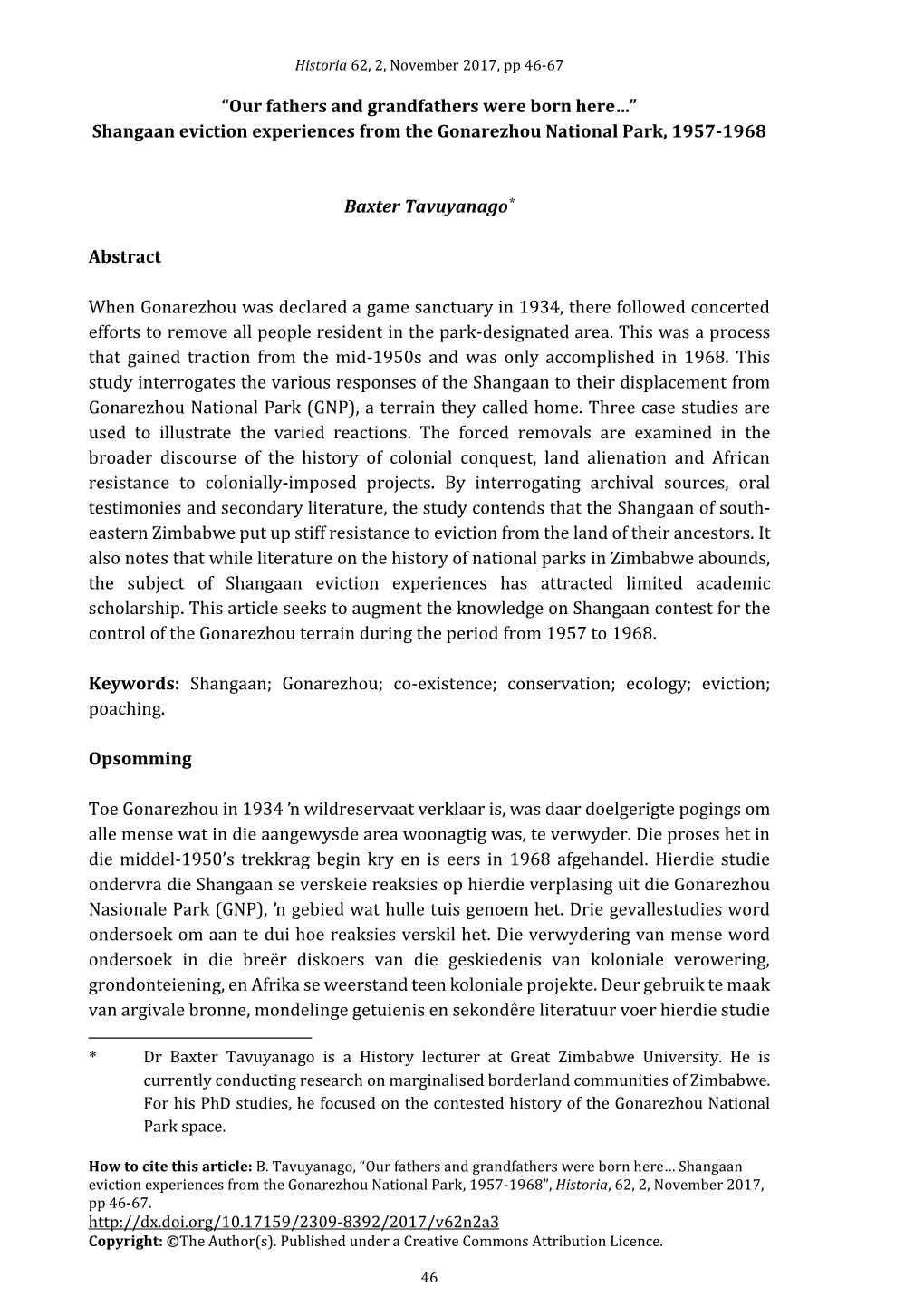 Shangaan Eviction Experiences from the Gonarezhou National Park, 1957-1968