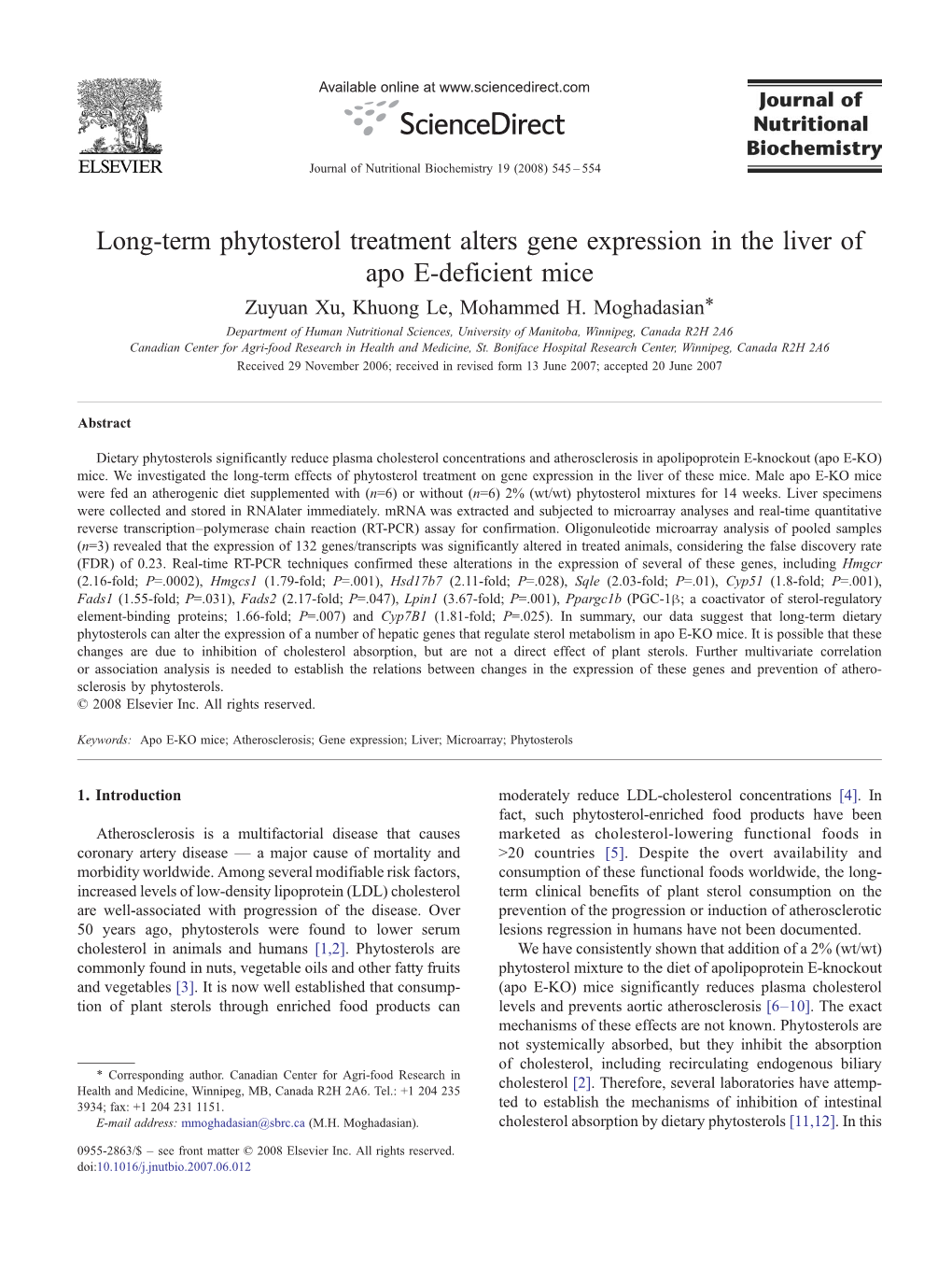 Long-Term Phytosterol Treatment Alters Gene Expression in the Liver of Apo E-Deficient Mice ⁎ Zuyuan Xu, Khuong Le, Mohammed H