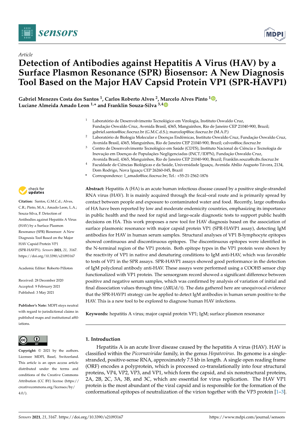 Detection of Antibodies Against Hepatitis a Virus (HAV) by a Surface Plasmon Resonance (SPR) Biosensor: a New Diagnosis Tool