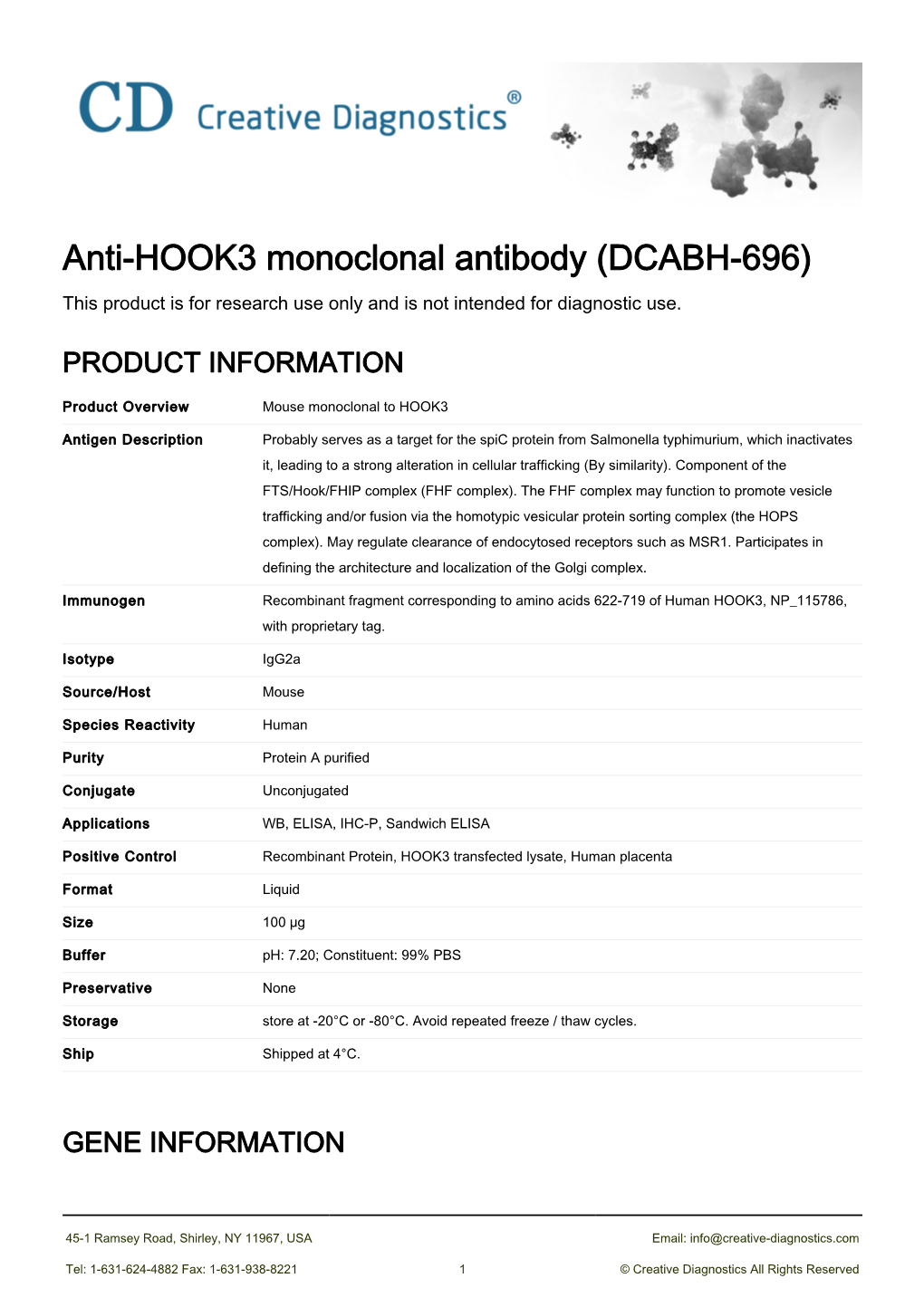 Anti-HOOK3 Monoclonal Antibody (DCABH-696) This Product Is for Research Use Only and Is Not Intended for Diagnostic Use
