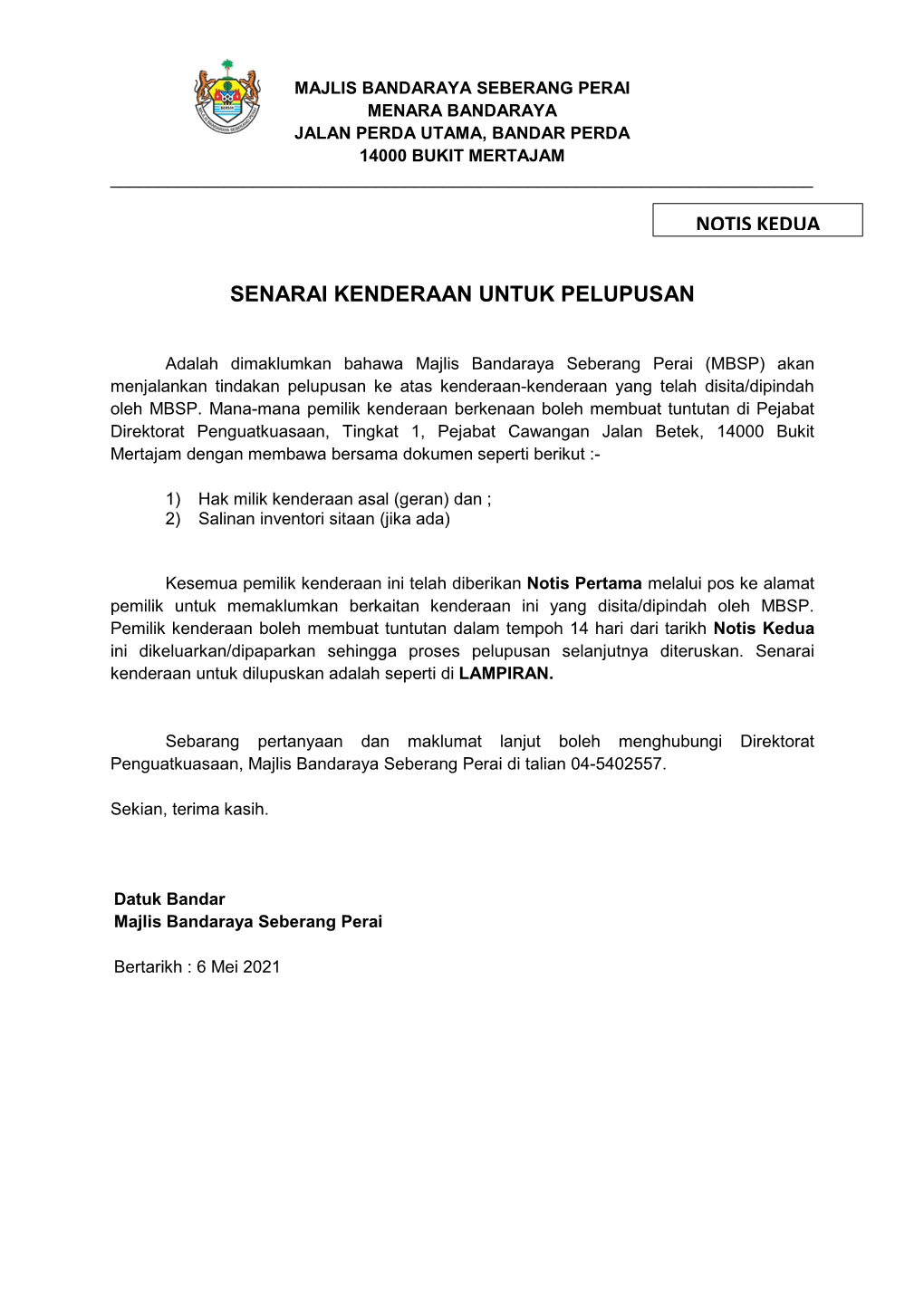 Senarai Kenderaan Untuk Pelupusan Notis Kedua