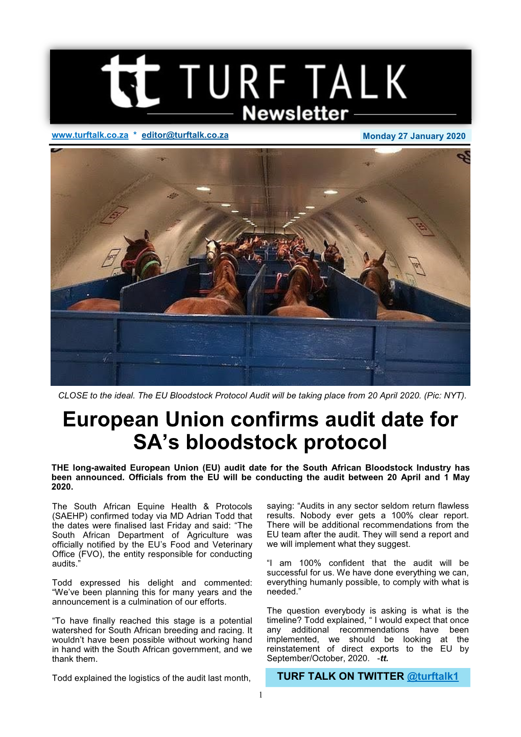 European Union Confirms Audit Date for SA's Bloodstock Protocol