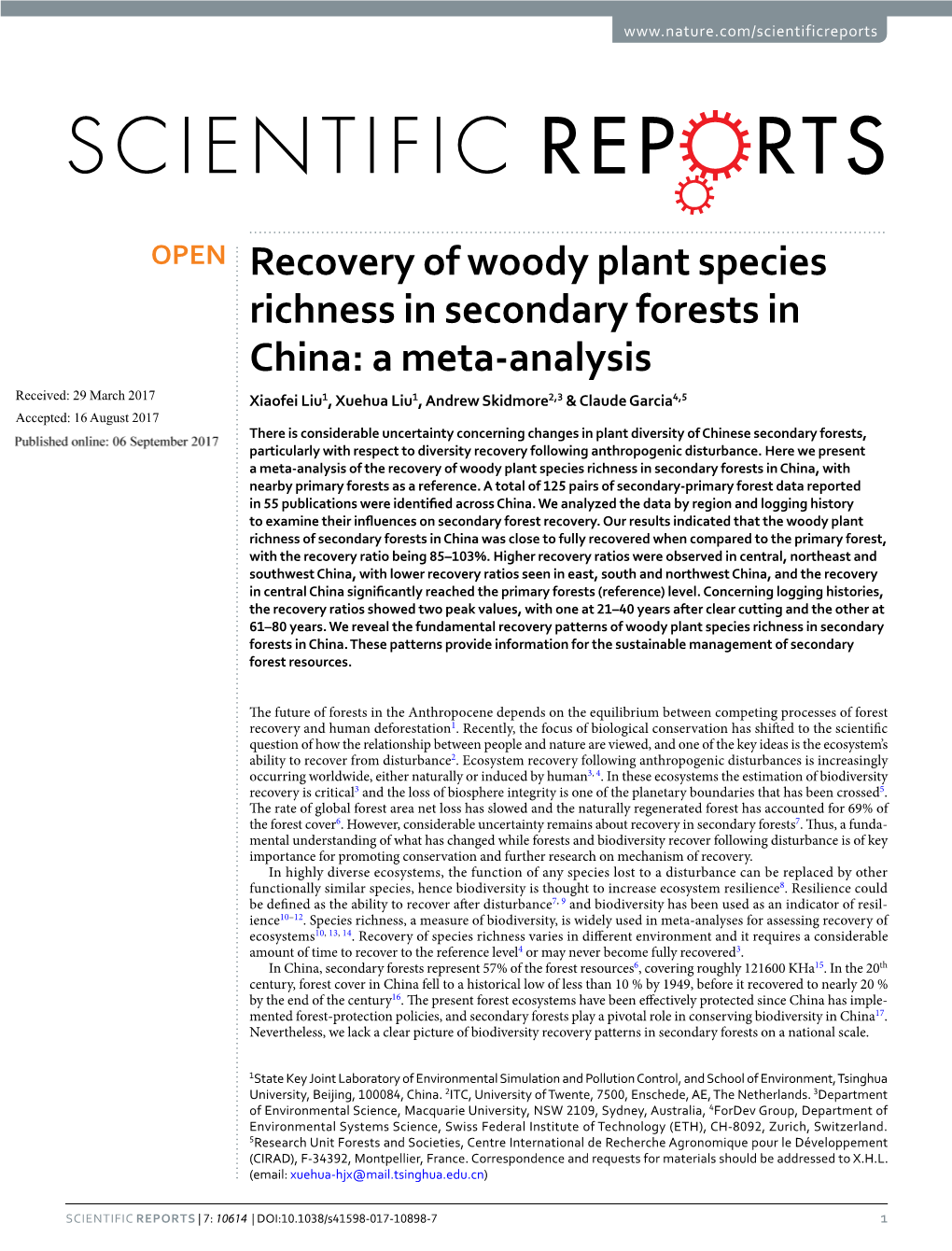 Recovery of Woody Plant Species Richness in Secondary Forests in China