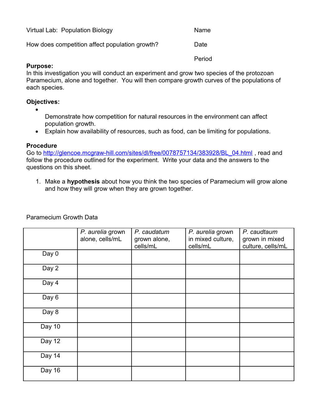 Virtual Lab: Population Biology s1