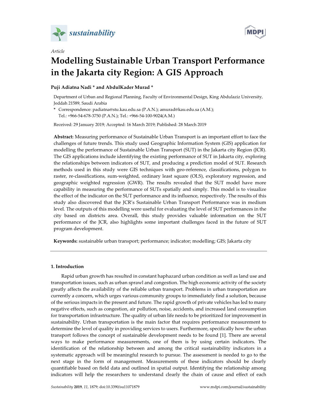 Modelling Sustainable Urban Transport Performance in the Jakarta City Region: a GIS Approach