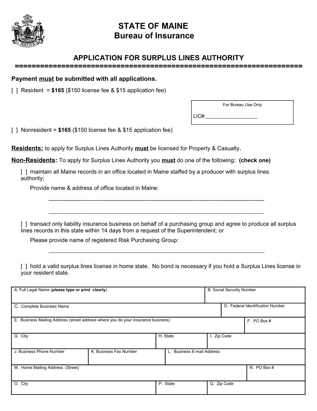 Application for Surplus Lines Authority