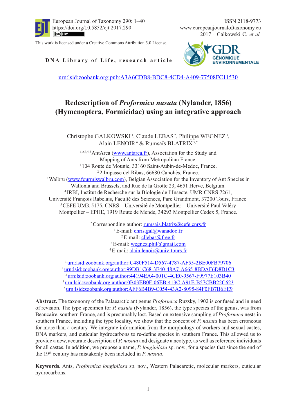 Redescription of Proformica Nasuta (Nylander, 1856) (Hymenoptera, Formicidae) Using an Integrative Approach