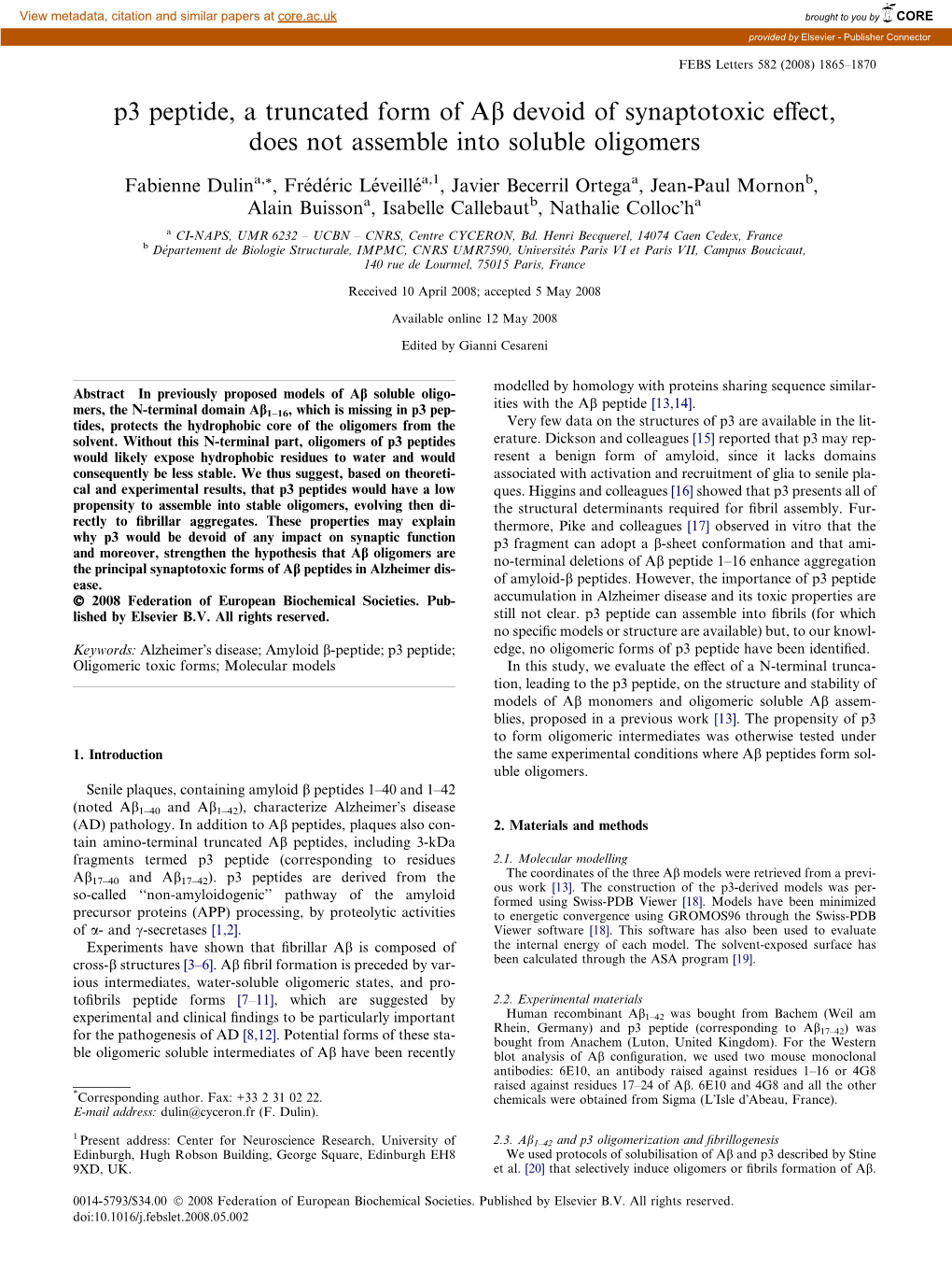 P3 Peptide, a Truncated Form of Ab Devoid of Synaptotoxic Effect, Does