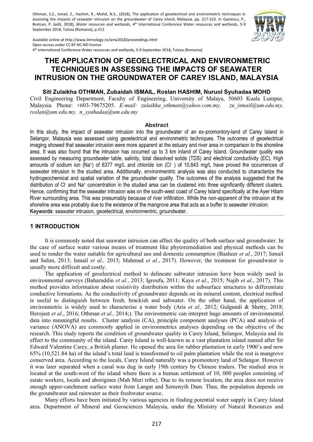 The Application of Geoelectrical and Environmetric Techniques in Assessing the Impacts of Seawater Intrusion on the Groundwater of Carey Island, Malaysia