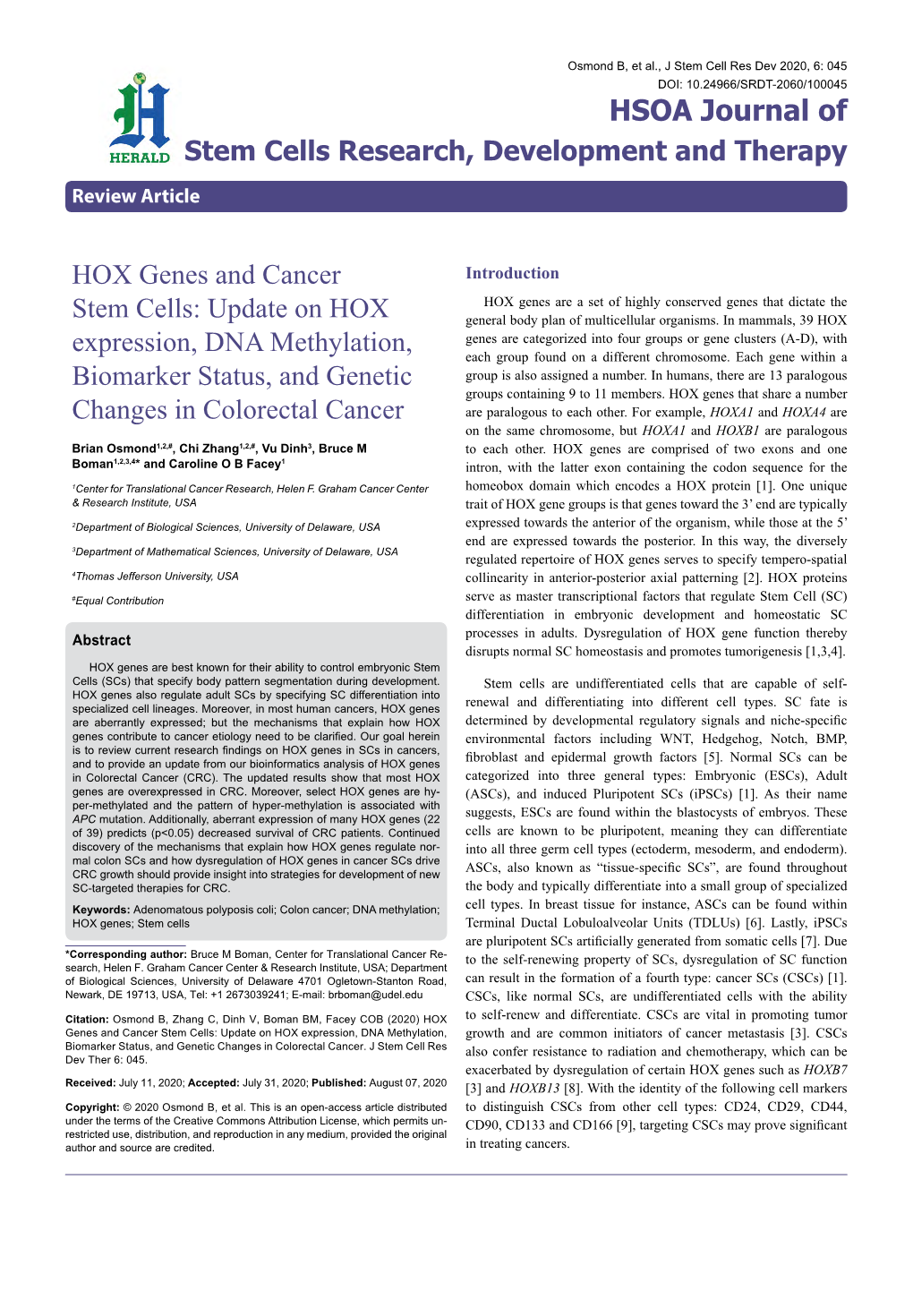 HOX Genes and Cancer Stem Cells: Update on HOX Expression, DNA Methylation, Biomarker Status, and Genetic Changes in Colorectal Cancer