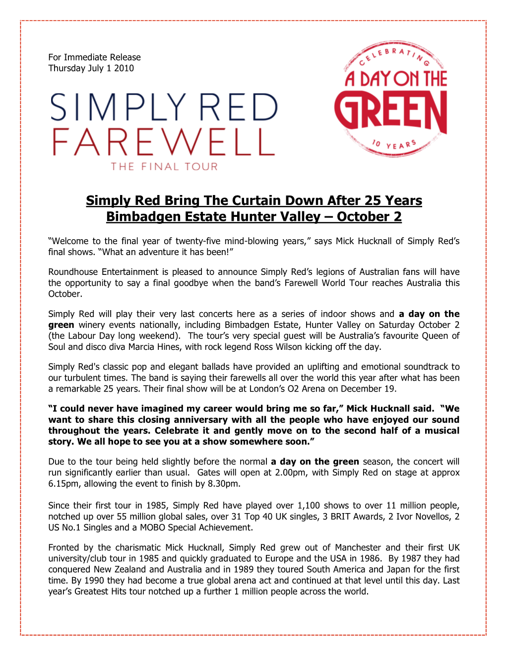 Simply Red Bring the Curtain Down After 25 Years Bimbadgen Estate Hunter Valley – October 2