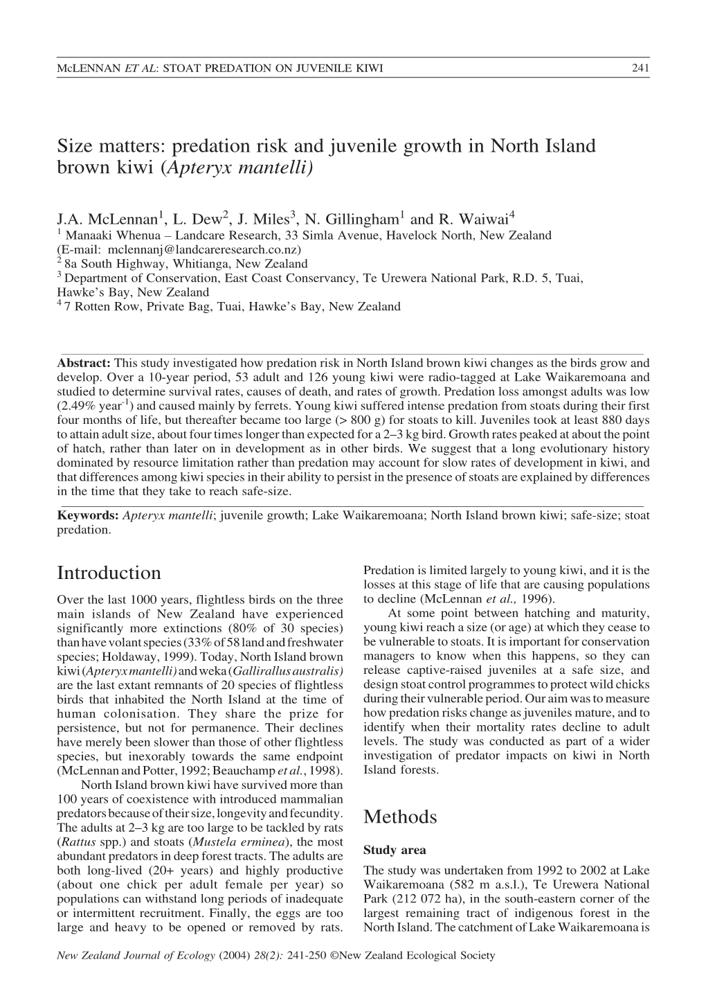 Predation Risk and Juvenile Growth in North Island Brown Kiwi (Apteryx Mantelli)