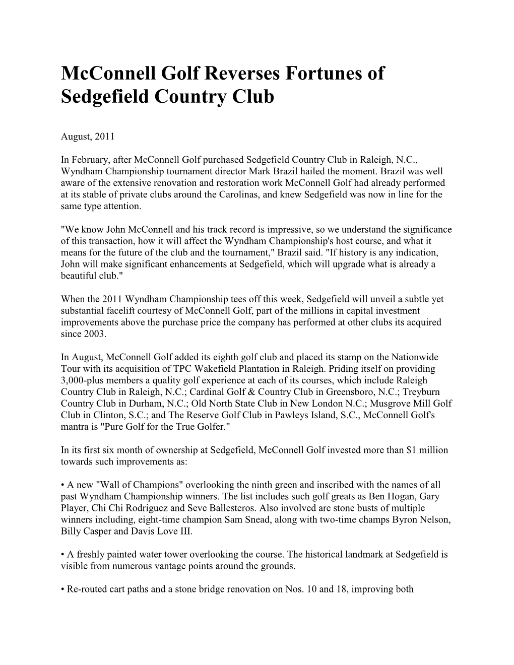 Mcconnell Golf Reverses Fortunes of Sedgefield Country Club