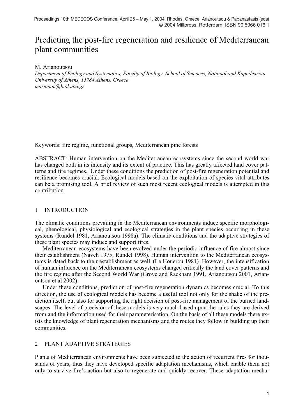 Predicting the Post-Fire Regeneration and Resilience of Mediterranean Plant Communities