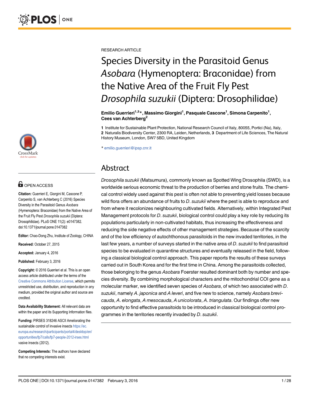 Species Diversity in the Parasitoid Genus Asobara (Hymenoptera: Braconidae) from the Native Area of the Fruit Fly Pest Drosophila Suzukii (Diptera: Drosophilidae)