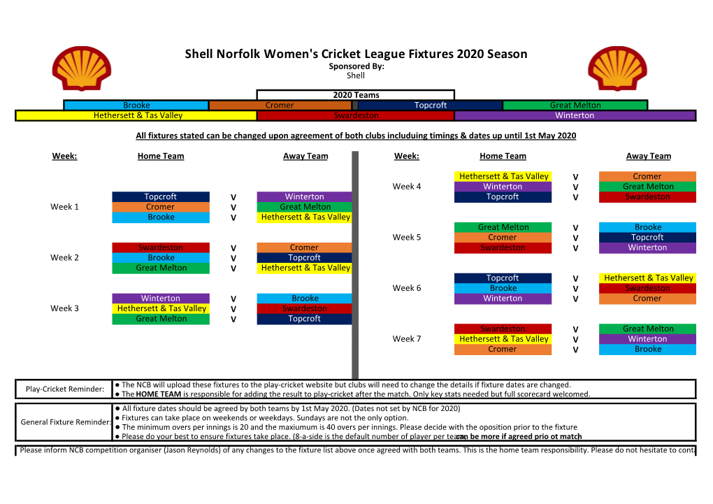 Shell Women's Cricket League Fixtures 2020