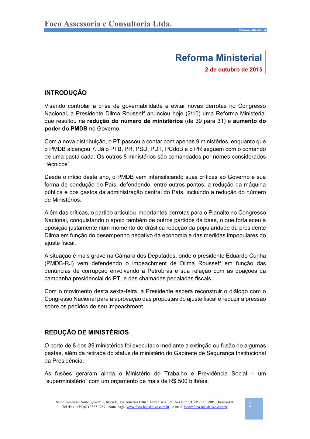 Reforma Ministerial – 2 De Outubro De 2015