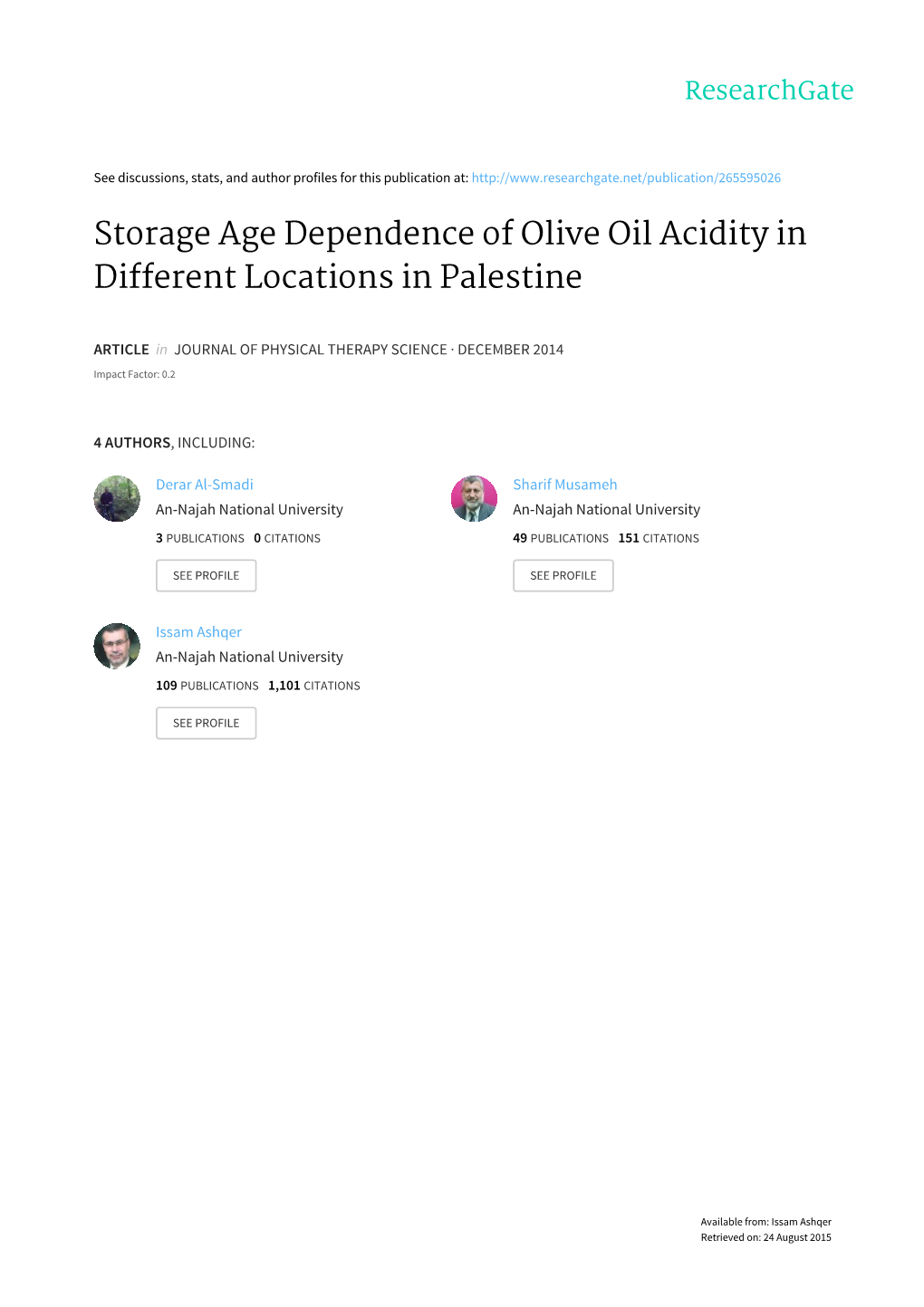 Storage Age Dependence of Olive Oil Acidity in Different Locations in Palestine