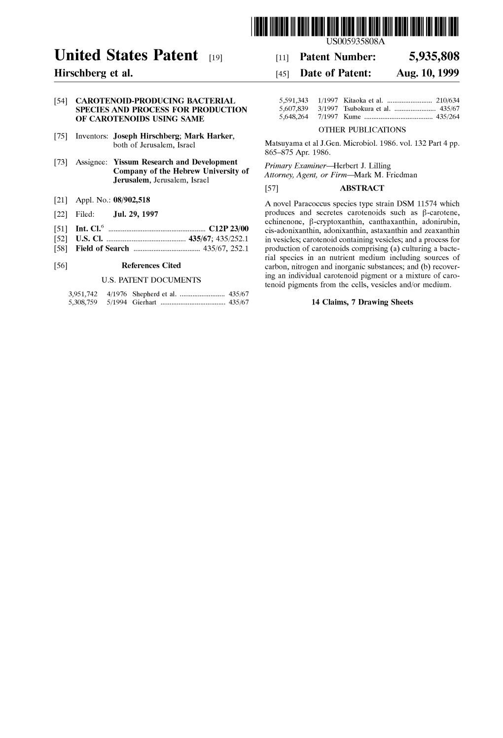 United States Patent 19 11 Patent Number: 5,935,808 Hirschberg Et Al